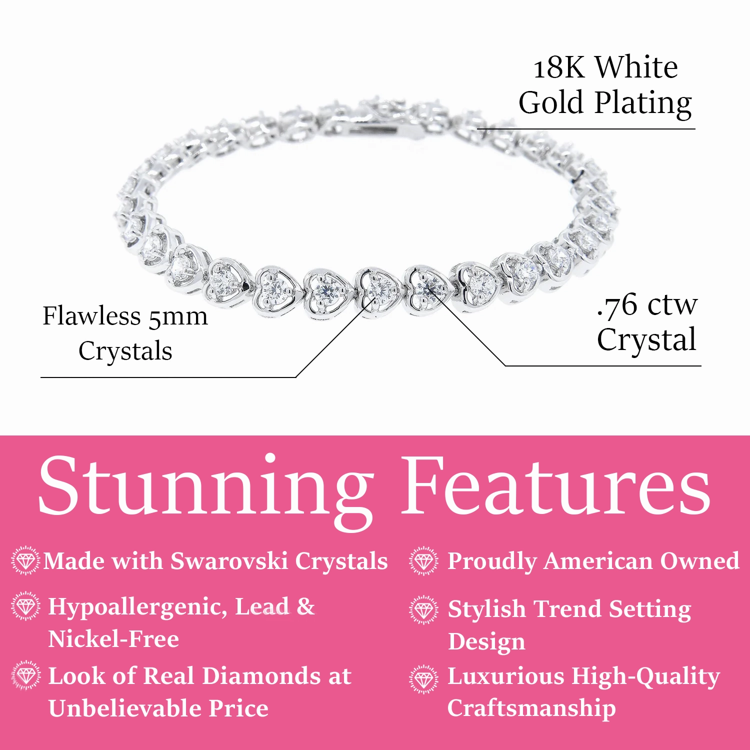 Rosalie 18k White Gold Plated Heart Tennis Bracelet with Simulated Diamond Crystals