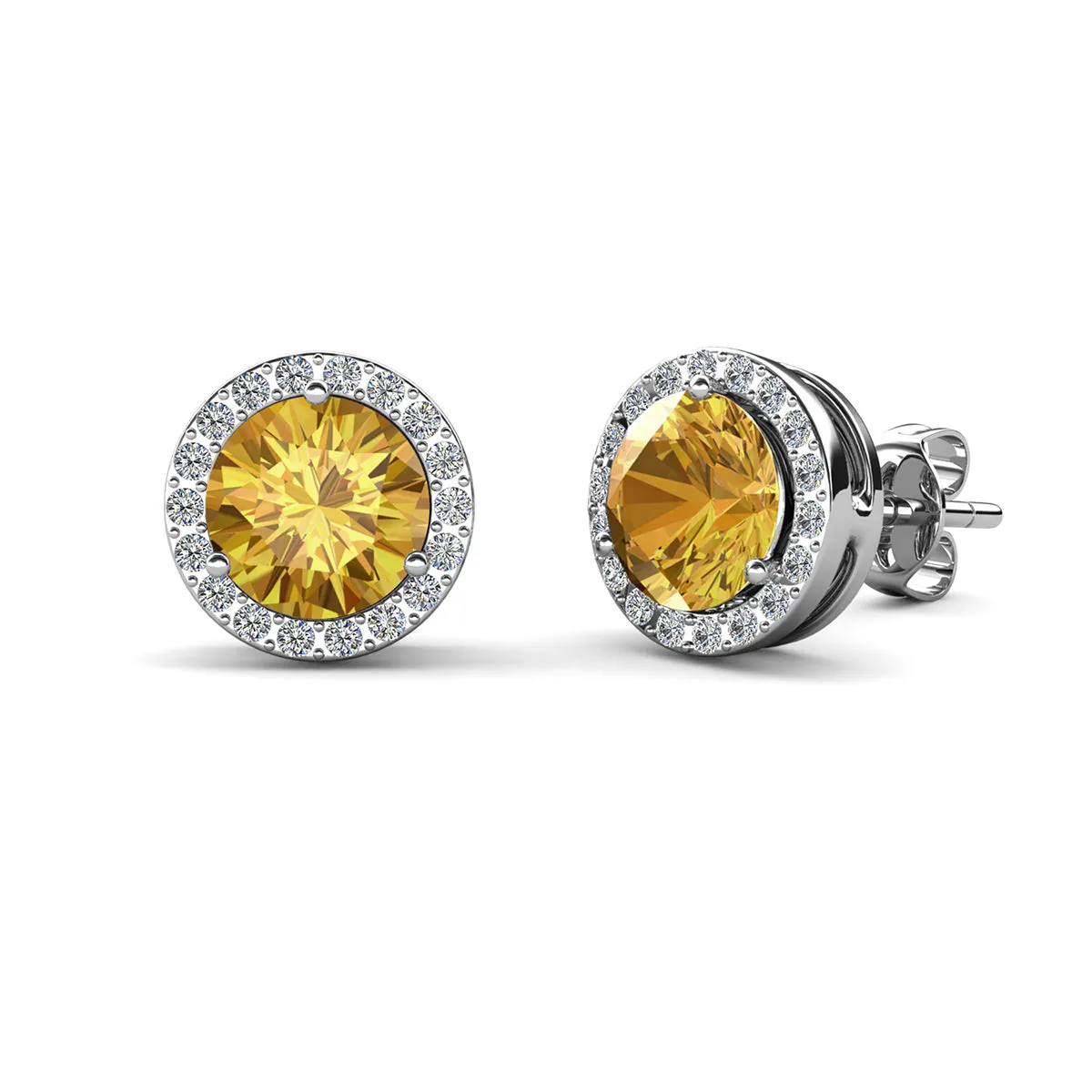 Royal 18k White Gold Plated November Birthstone Halo Earrings with Round Cut Citrine Swarovski Crystals