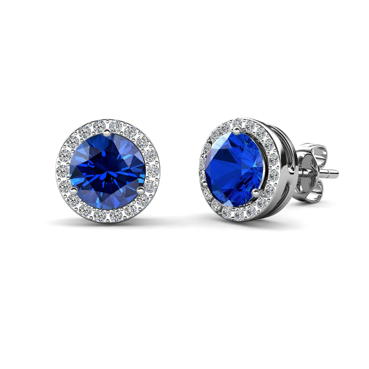 Royal 18k White Gold Plated September Birthstone Halo Earrings with Round Cut Sapphire Swarovski Crystals