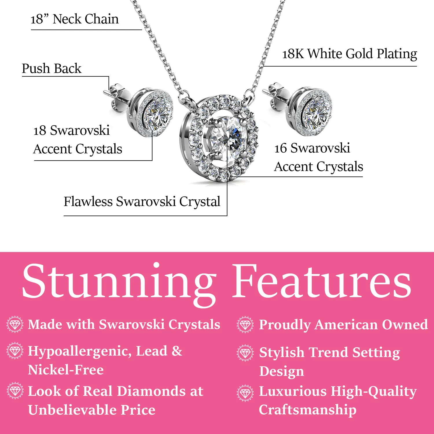 Royal Birthstone 18k White Gold Plated Halo Stud Earrings and Necklace Set with Swarovski Crystals