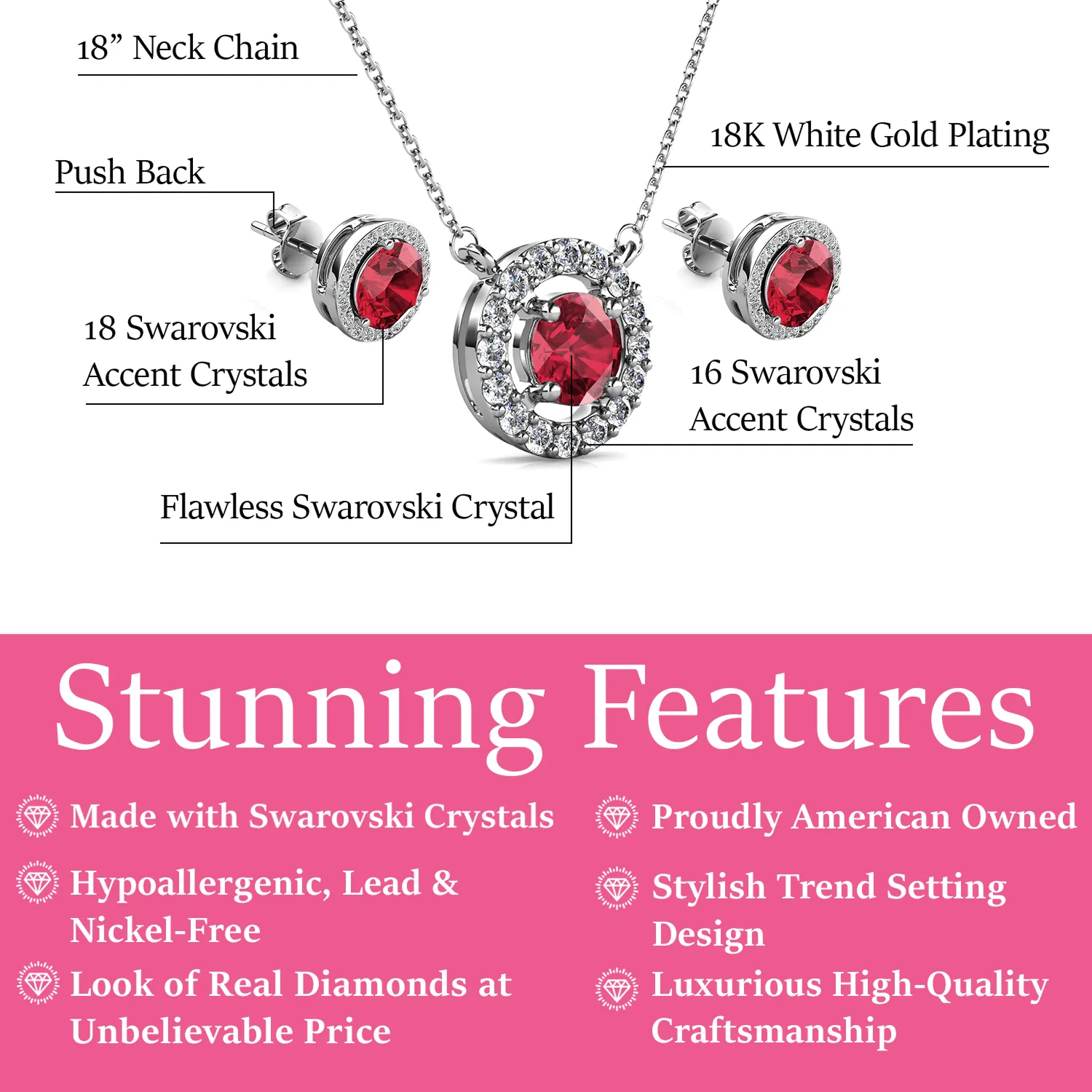 Royal Birthstone 18k White Gold Plated Halo Stud Earrings and Necklace Set with Swarovski Crystals