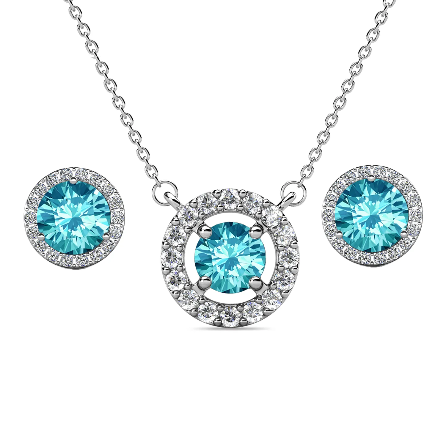 Royal Birthstone 18k White Gold Plated Halo Stud Earrings and Necklace Set with Swarovski Crystals