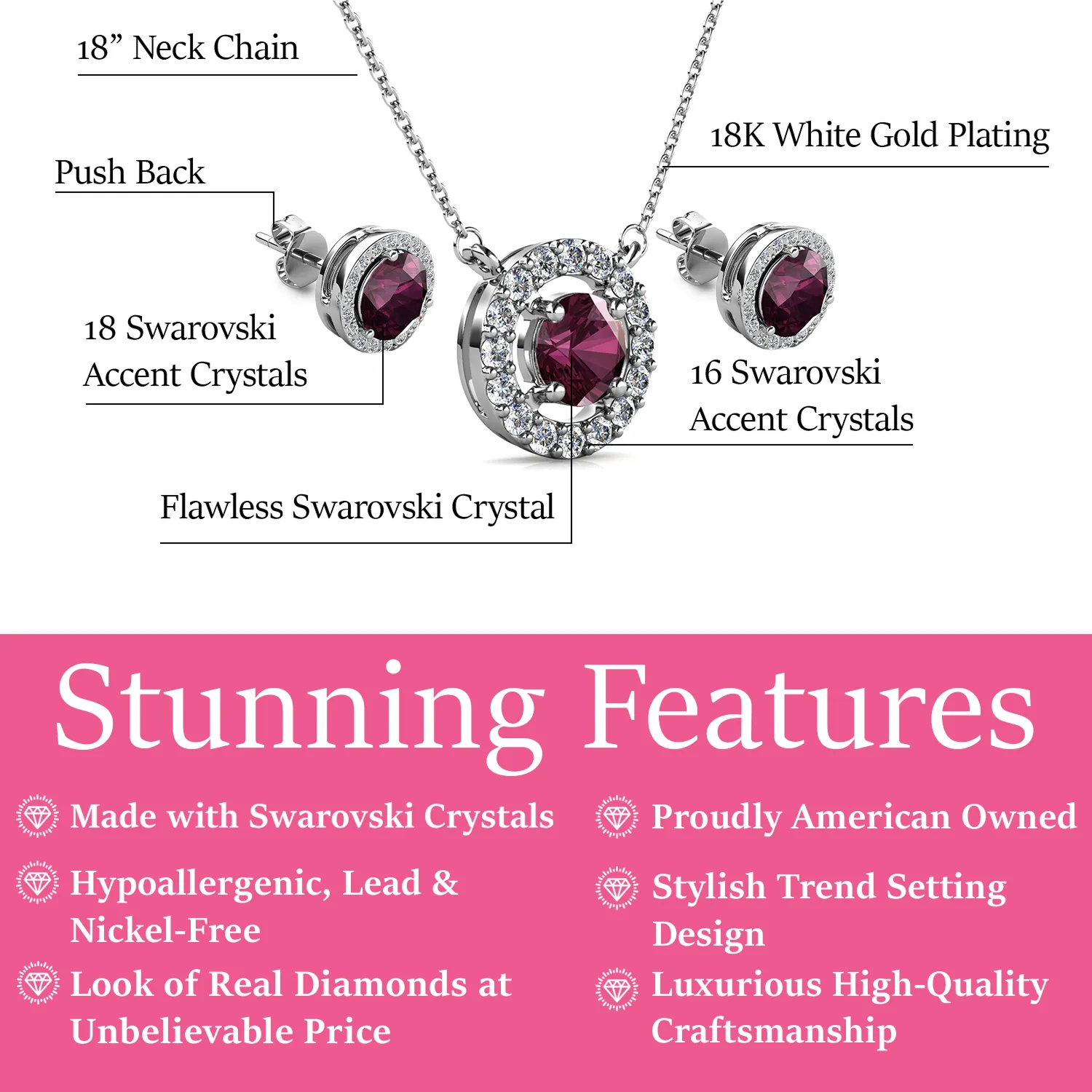 Royal Birthstone 18k White Gold Plated Halo Stud Earrings and Necklace Set with Swarovski Crystals