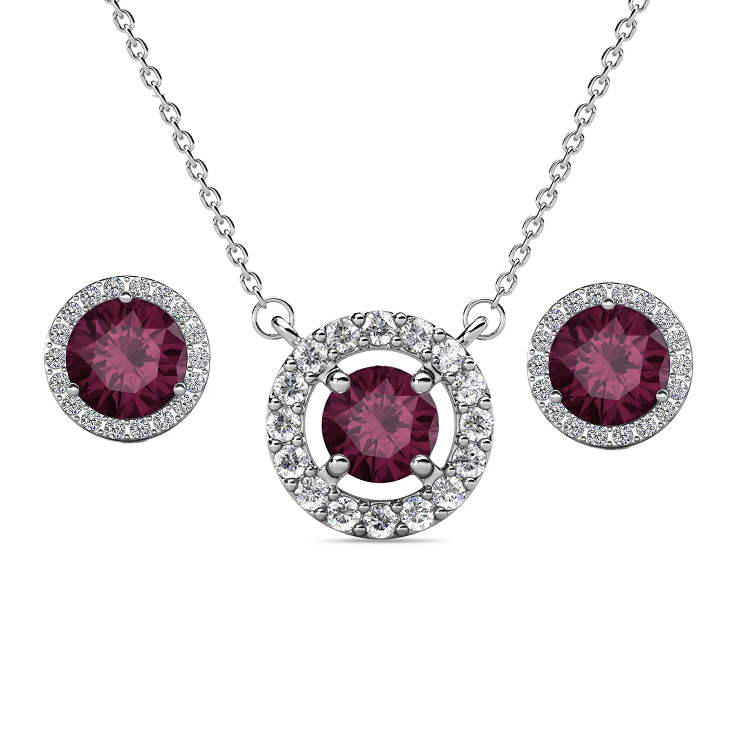 Royal Birthstone 18k White Gold Plated Halo Stud Earrings and Necklace Set with Swarovski Crystals