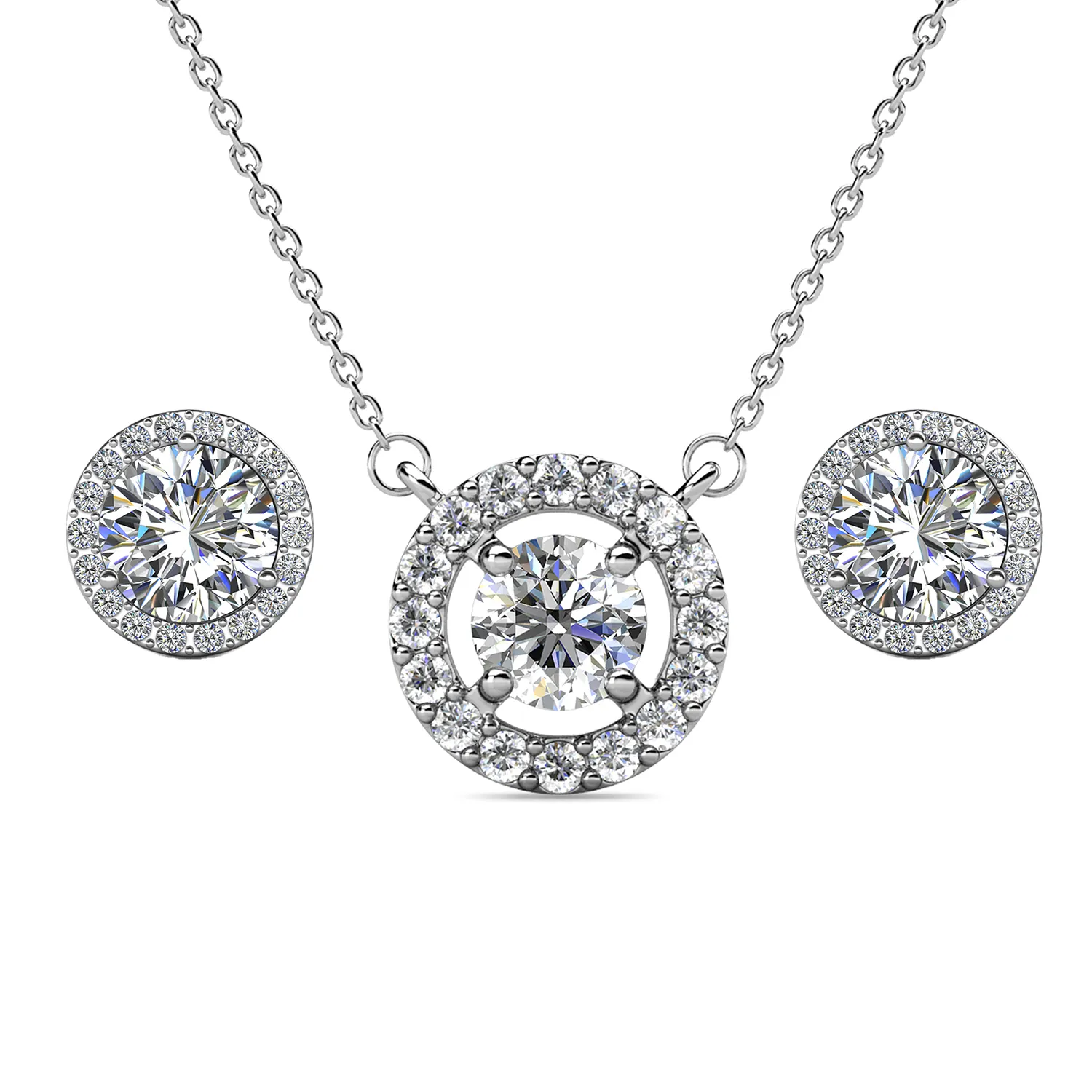 Royal Birthstone 18k White Gold Plated Halo Stud Earrings and Necklace Set with Swarovski Crystals