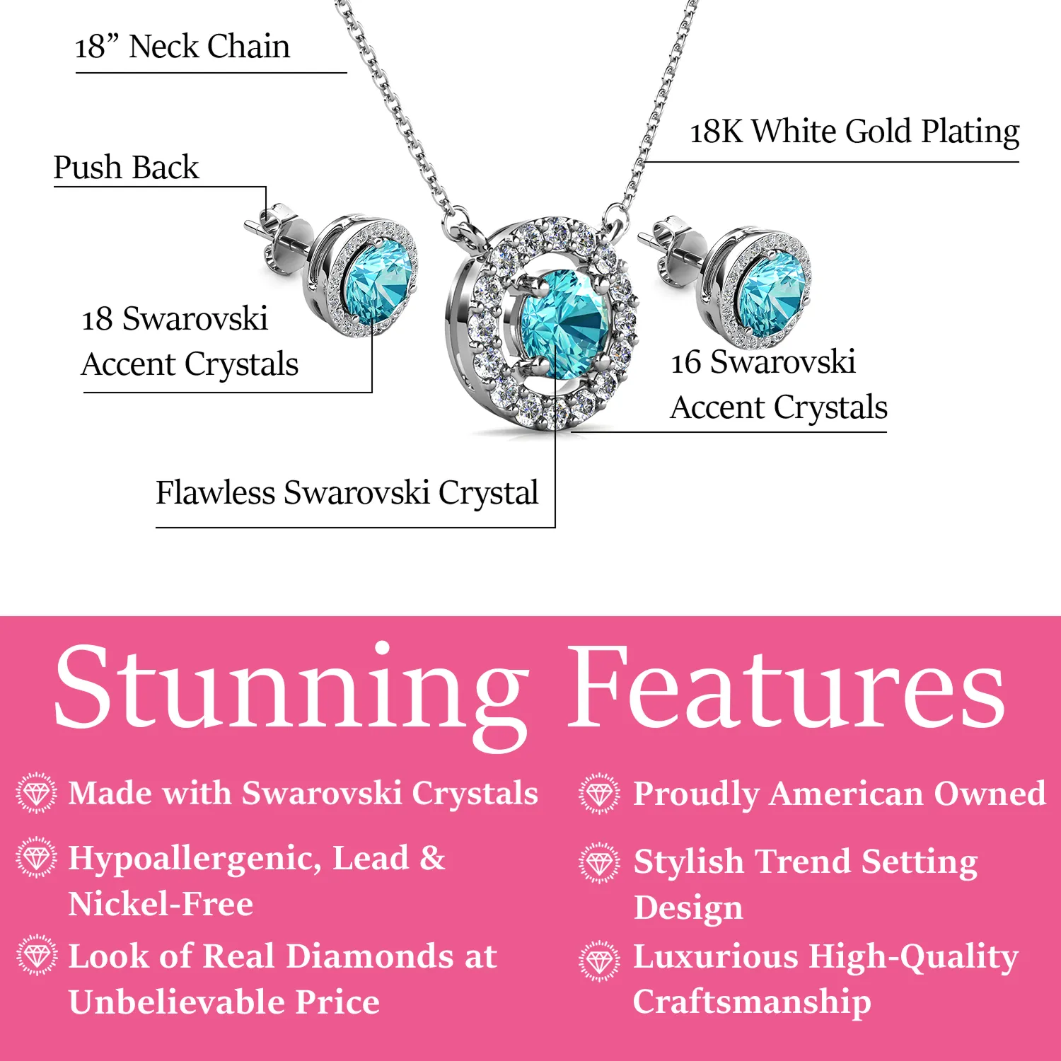 Royal Birthstone 18k White Gold Plated Halo Stud Earrings and Necklace Set with Swarovski Crystals