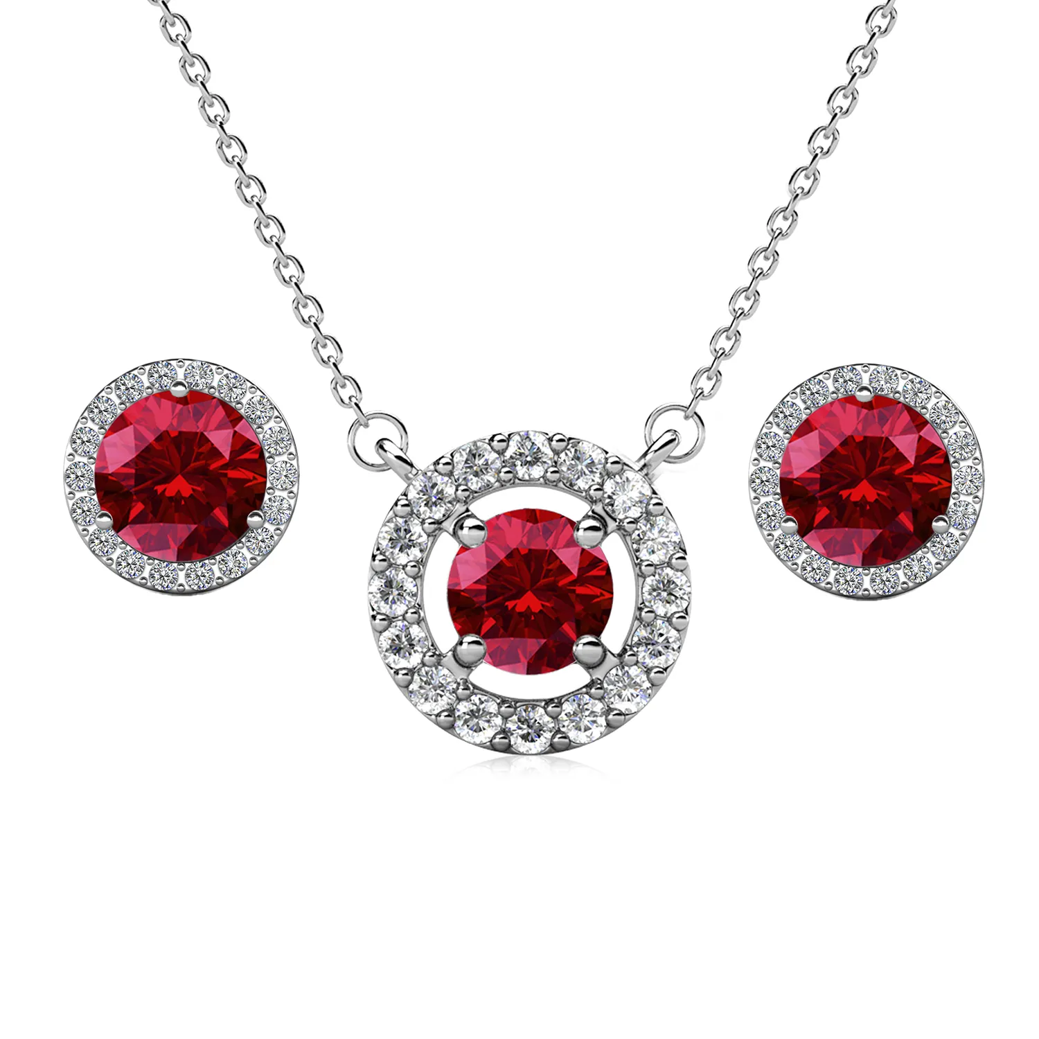 Royal Birthstone 18k White Gold Plated Halo Stud Earrings and Necklace Set with Swarovski Crystals