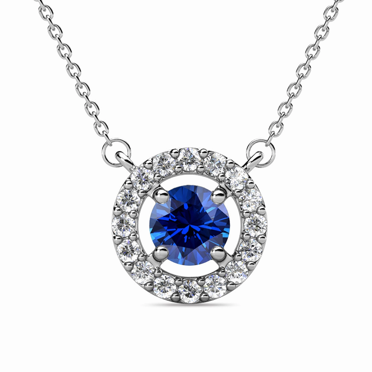 Royal 18k White Gold Plated September Birthstone Halo Necklace with Round Cut Sapphire Swarovski Crystals