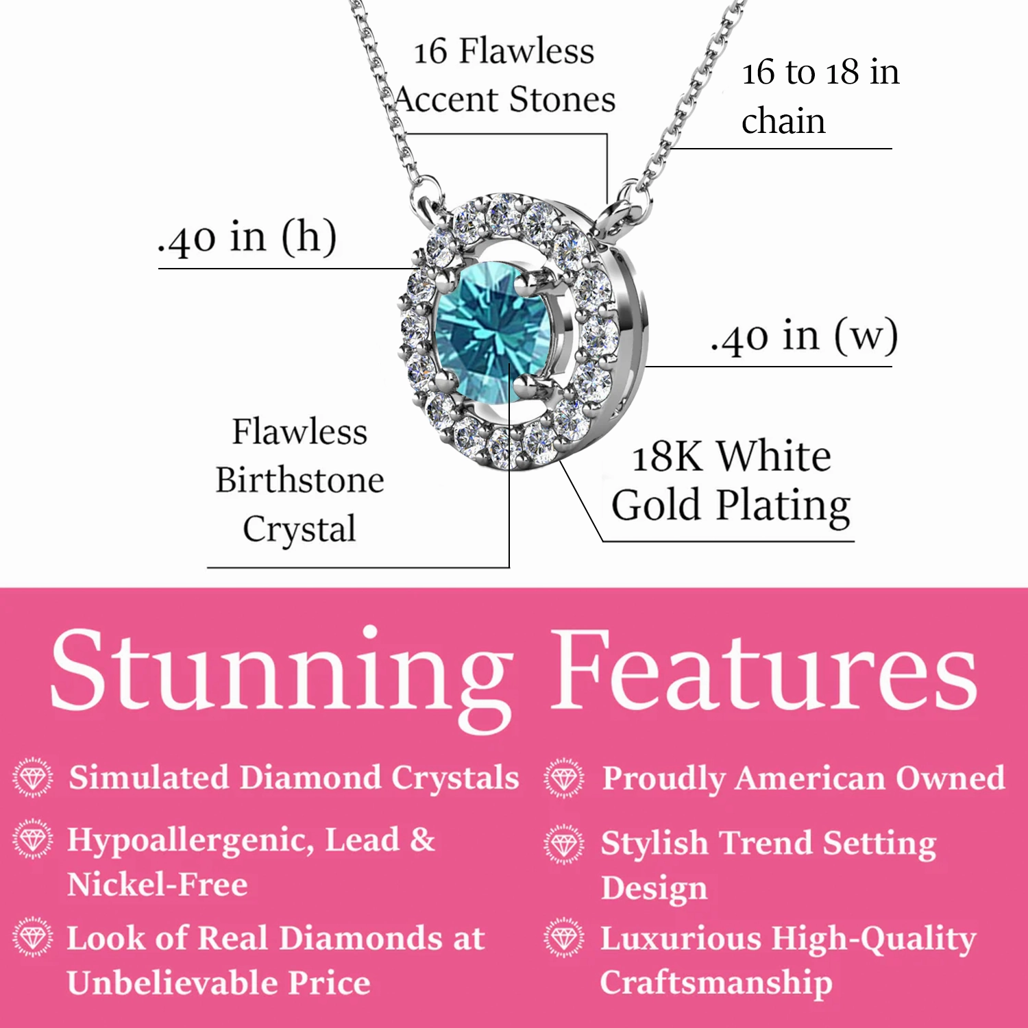 Royal Birthstone 18k White Gold Plated Halo Necklace with Round Cut Swarovski Crystals
