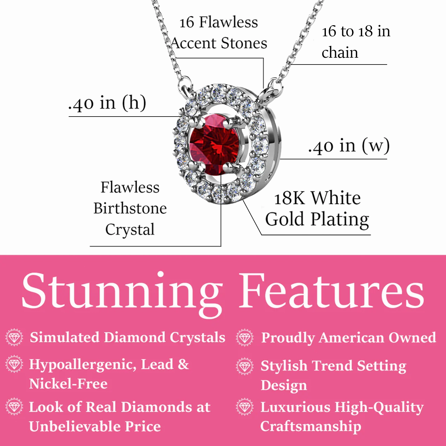 Royal Birthstone 18k White Gold Plated Halo Necklace with Round Cut Swarovski Crystals