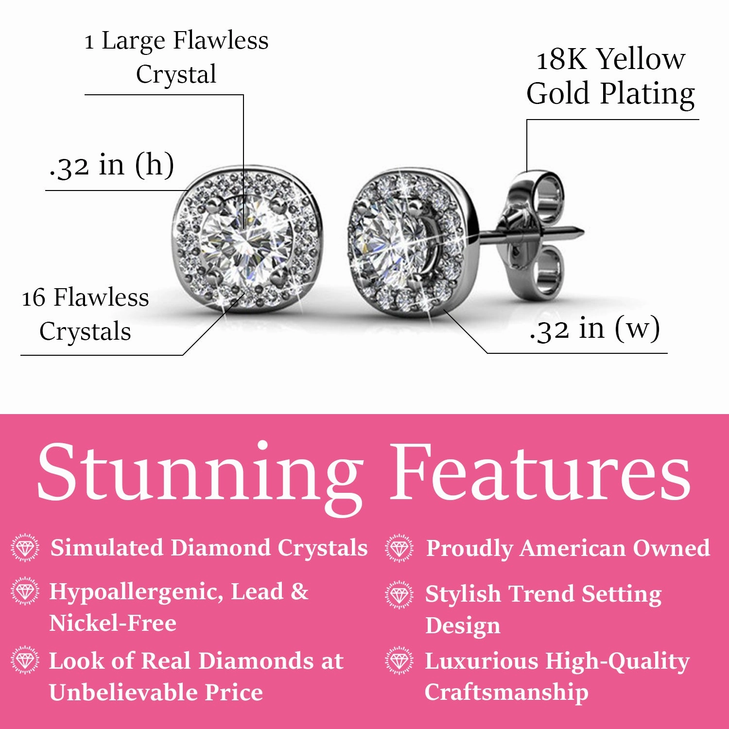 Ruth 18k White Gold Plated Halo Stud Earrings with Swarovski Crystals