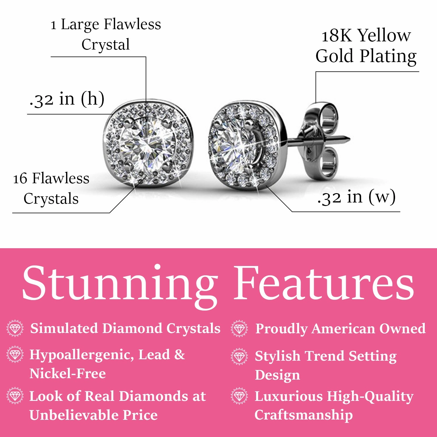 Ruth 18k White Gold Plated Halo Stud Earrings with Swarovski Crystals