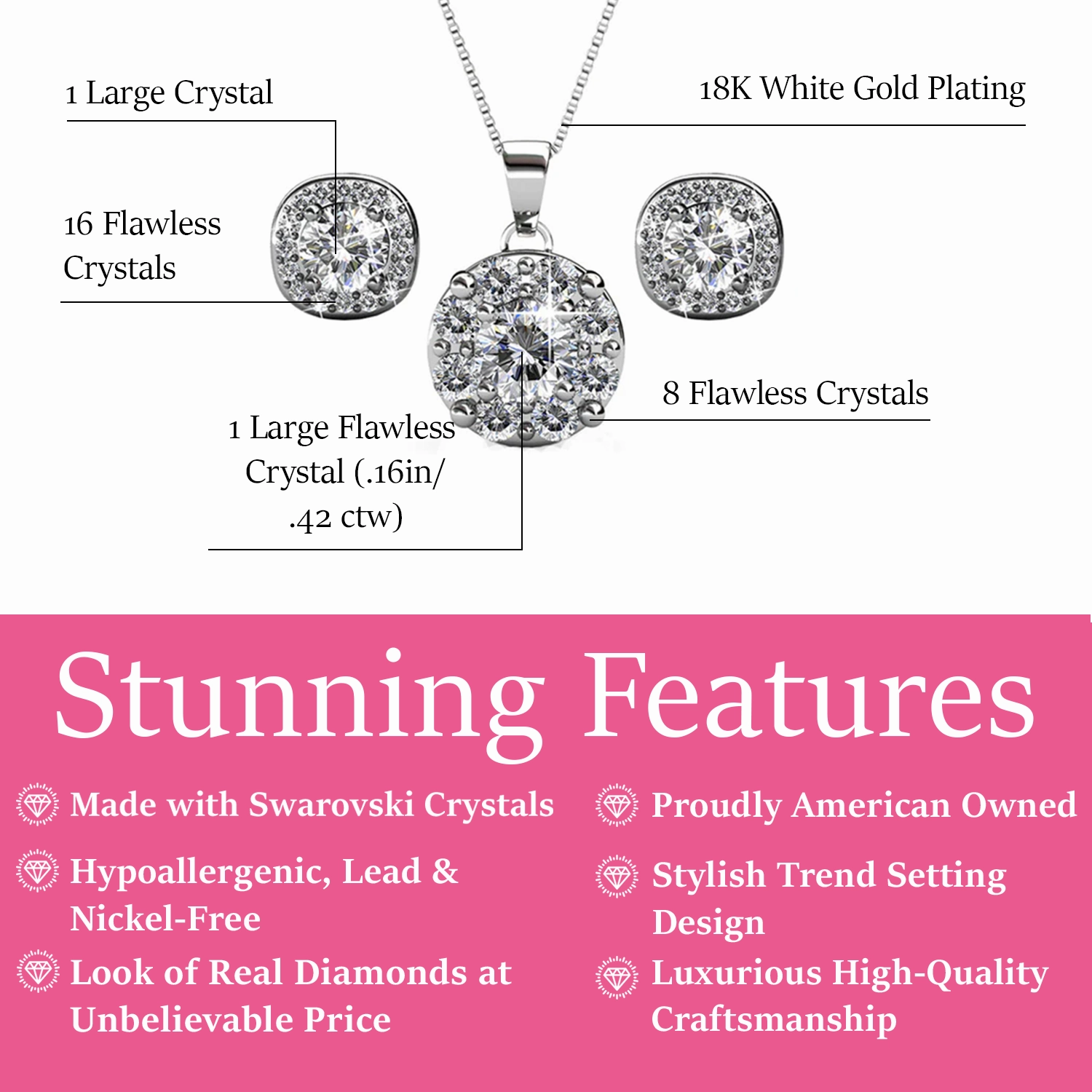 Ruth 18k White Gold Plated Stud Earrings and Necklace Jewelry Set with Swarovski Crystals