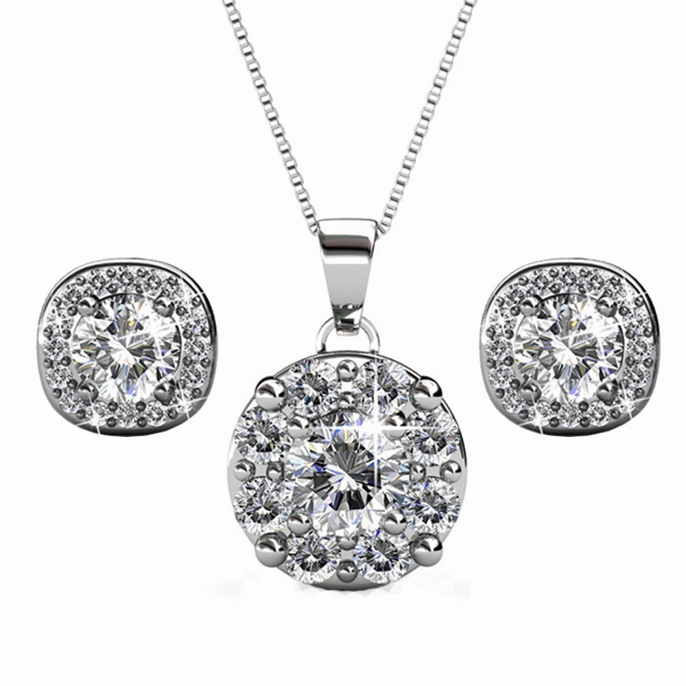 Ruth 18k White Gold Plated Stud Earrings and Necklace Jewelry Set with Swarovski Crystals