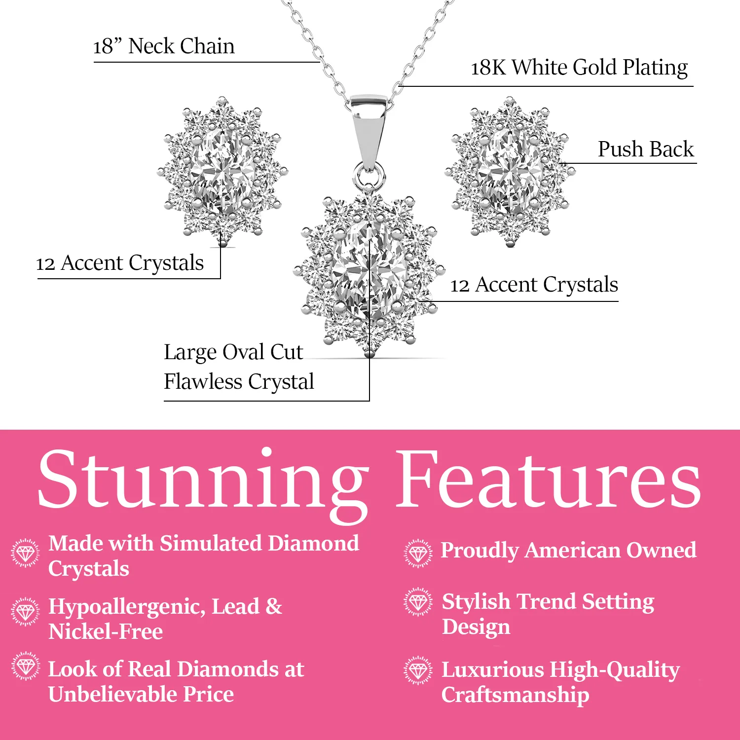 Sage 18k White Gold Plated Stud Earrings and Necklace Set with Oval Cut Simulated Diamond Crystals