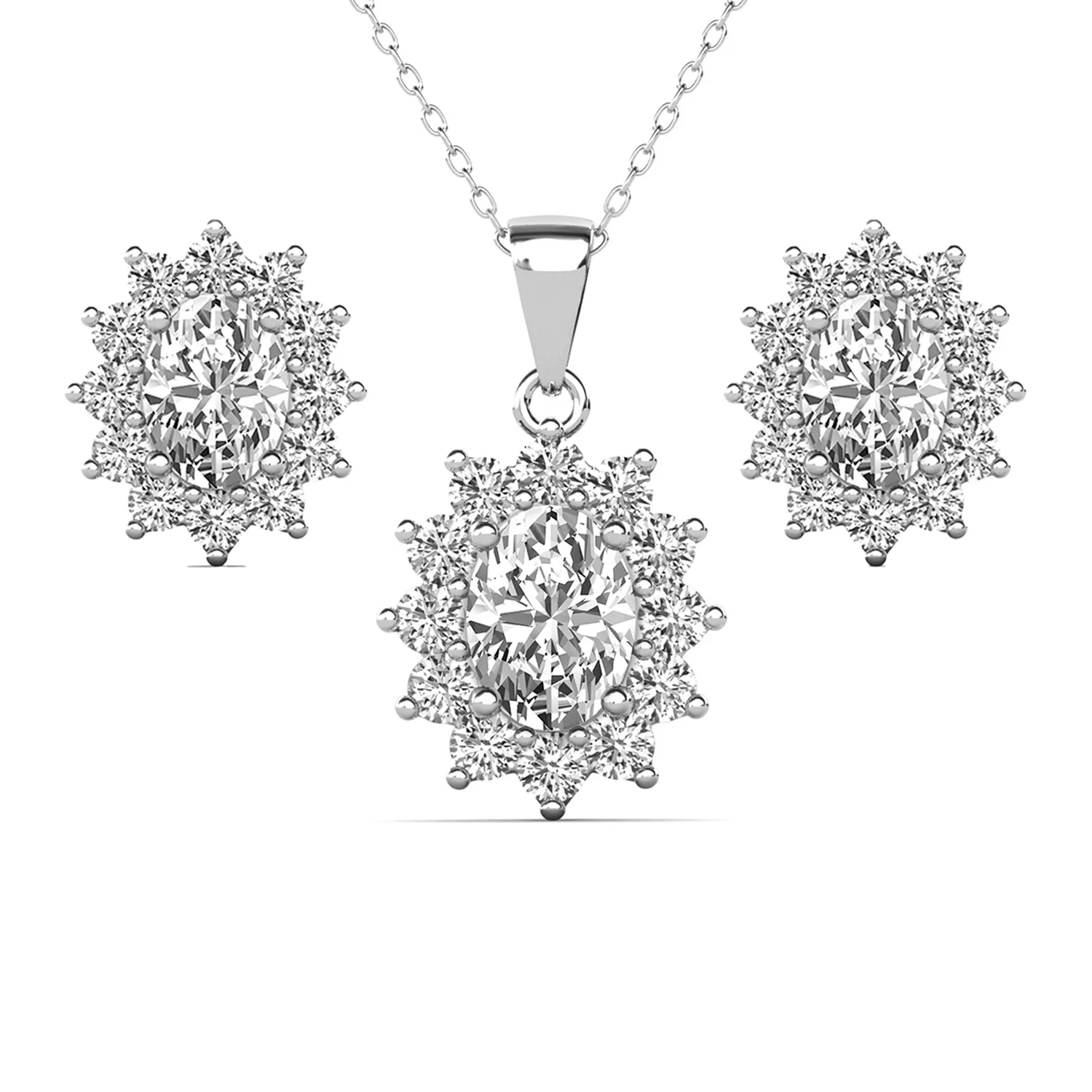 Sage 18k White Gold Plated Stud Earrings and Necklace Set with Oval Cut Simulated Diamond Crystals
