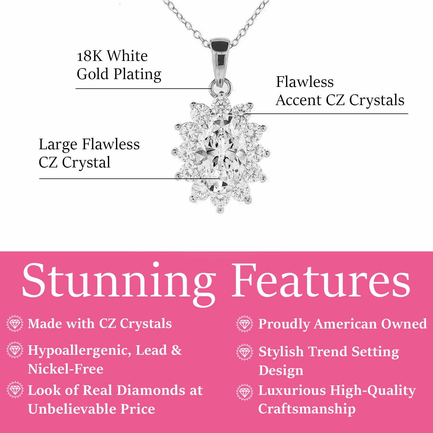 Sage 18k White Gold Plated Pendant Necklace with Oval Cut Simulated Diamond Crystals