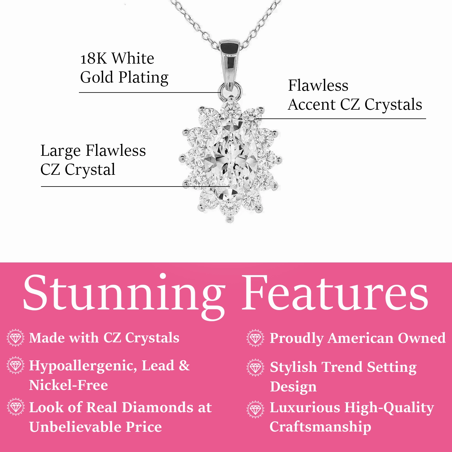 Sage 18k White Gold Plated Pendant Necklace with Oval Cut Simulated Diamond Crystals