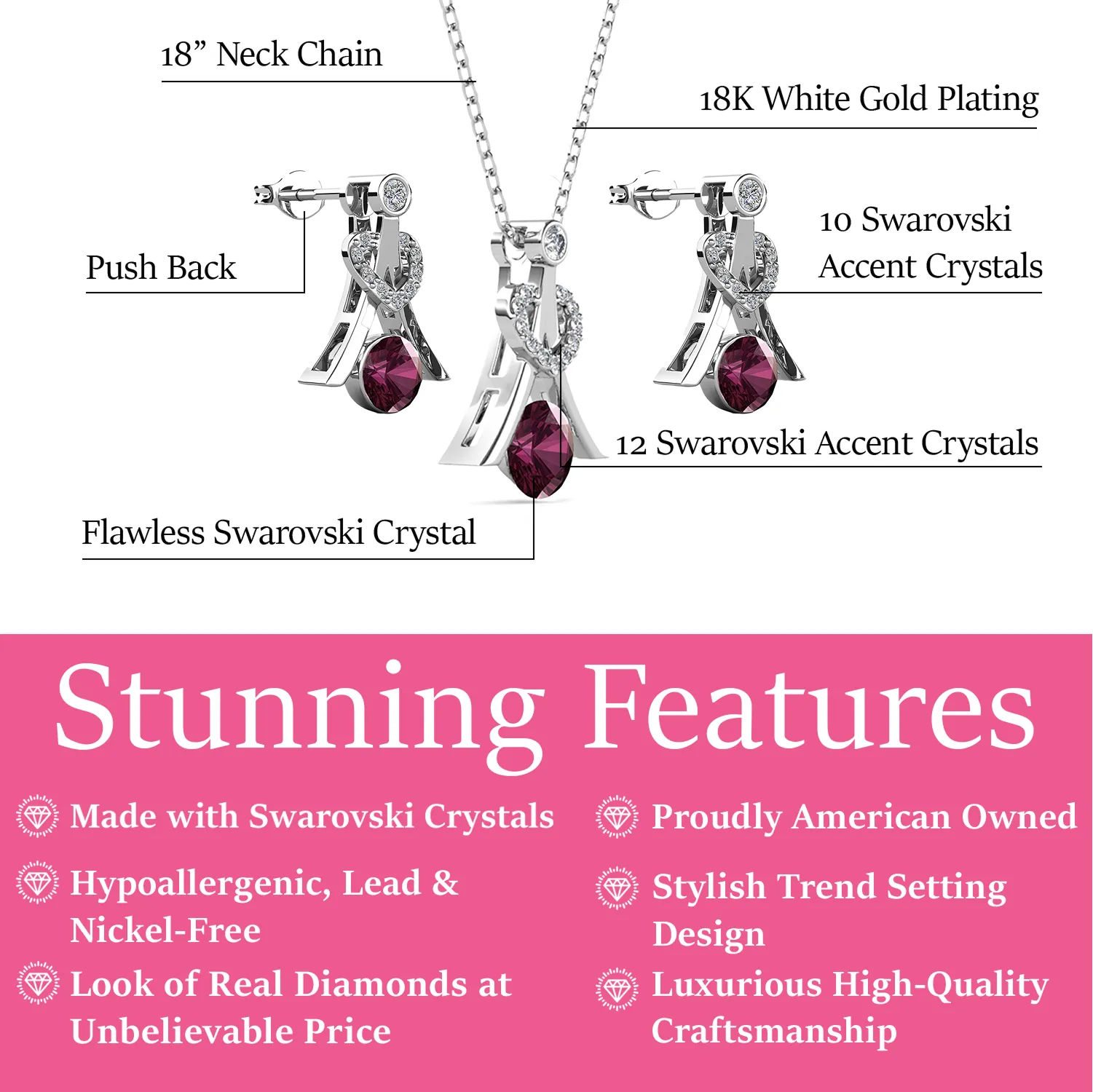 Serenity Birthstone 18k White Gold Plated Drop Earrings and Necklace Set with Swarovski Crystals