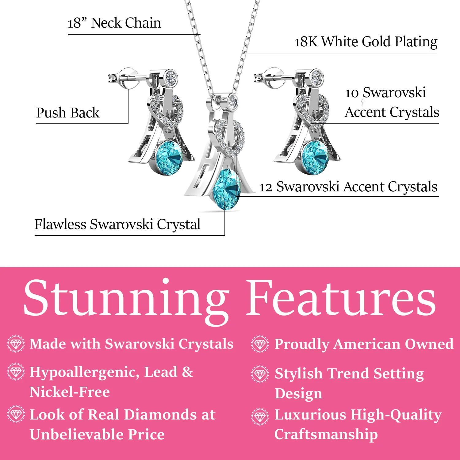 Serenity Birthstone 18k White Gold Plated Drop Earrings and Necklace Set with Swarovski Crystals