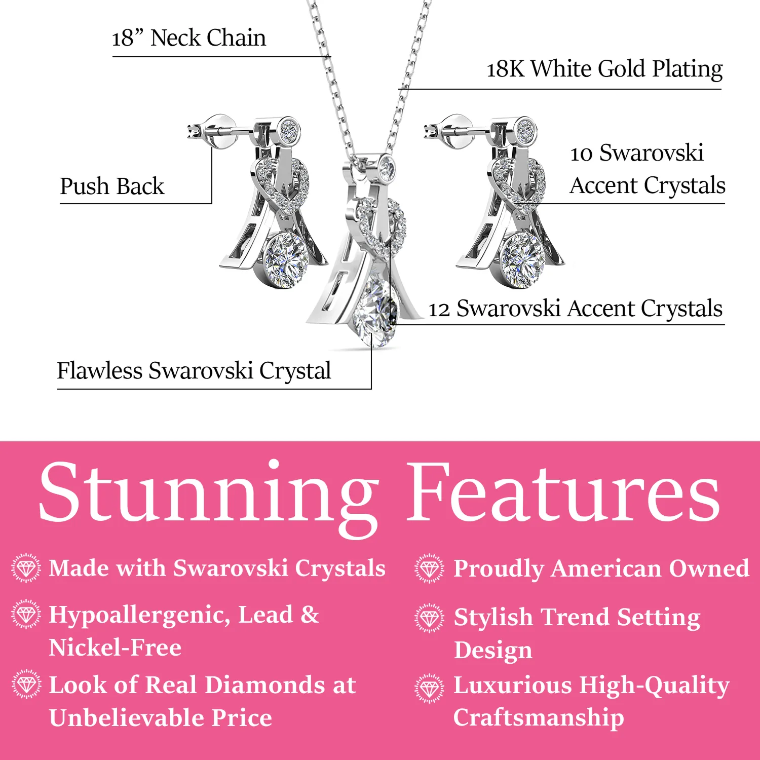 Serenity Birthstone 18k White Gold Plated Drop Earrings and Necklace Set with Swarovski Crystals