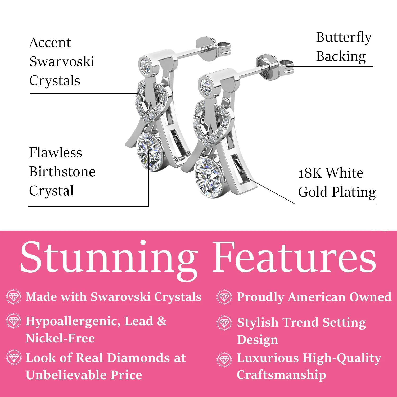 Serenity Birthstone 18k White Gold Plated Drop Earrings with Round Cut Swarovski Crystals