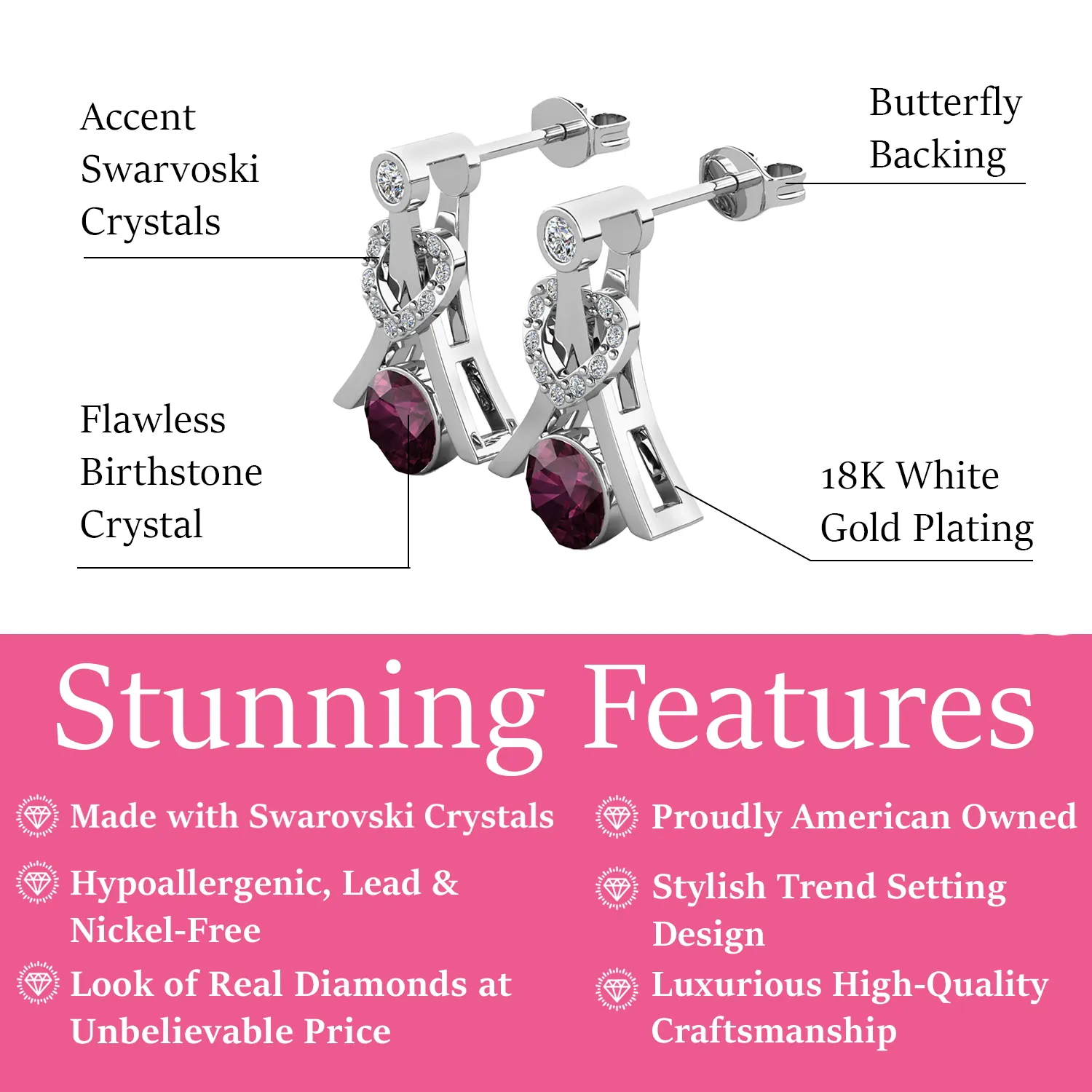Serenity Birthstone 18k White Gold Plated Drop Earrings with Round Cut Swarovski Crystals