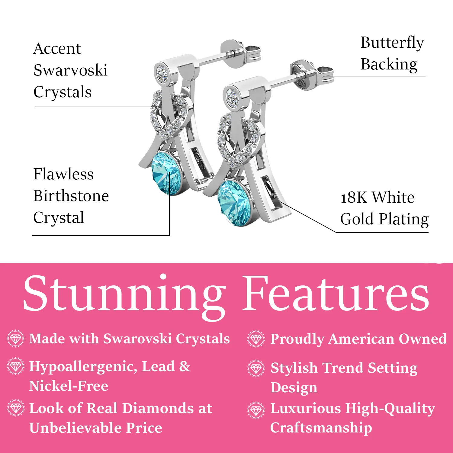 Serenity Birthstone 18k White Gold Plated Drop Earrings with Round Cut Swarovski Crystals