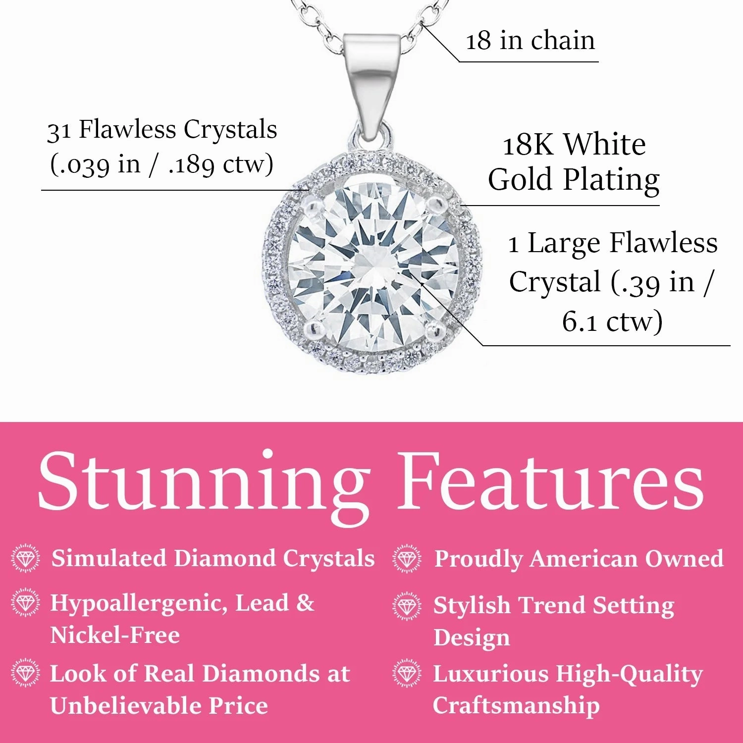 Sophia 18k White Gold Plated Pendant Necklace with Simulated Diamond Crystals