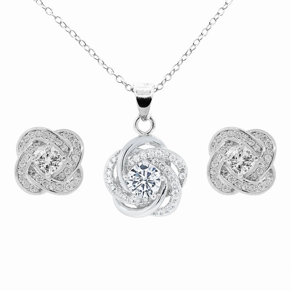 Stella 18k White Gold Plated Pendant Necklace and Stud Earrings Jewelry Set with Simulated Diamond Crystals