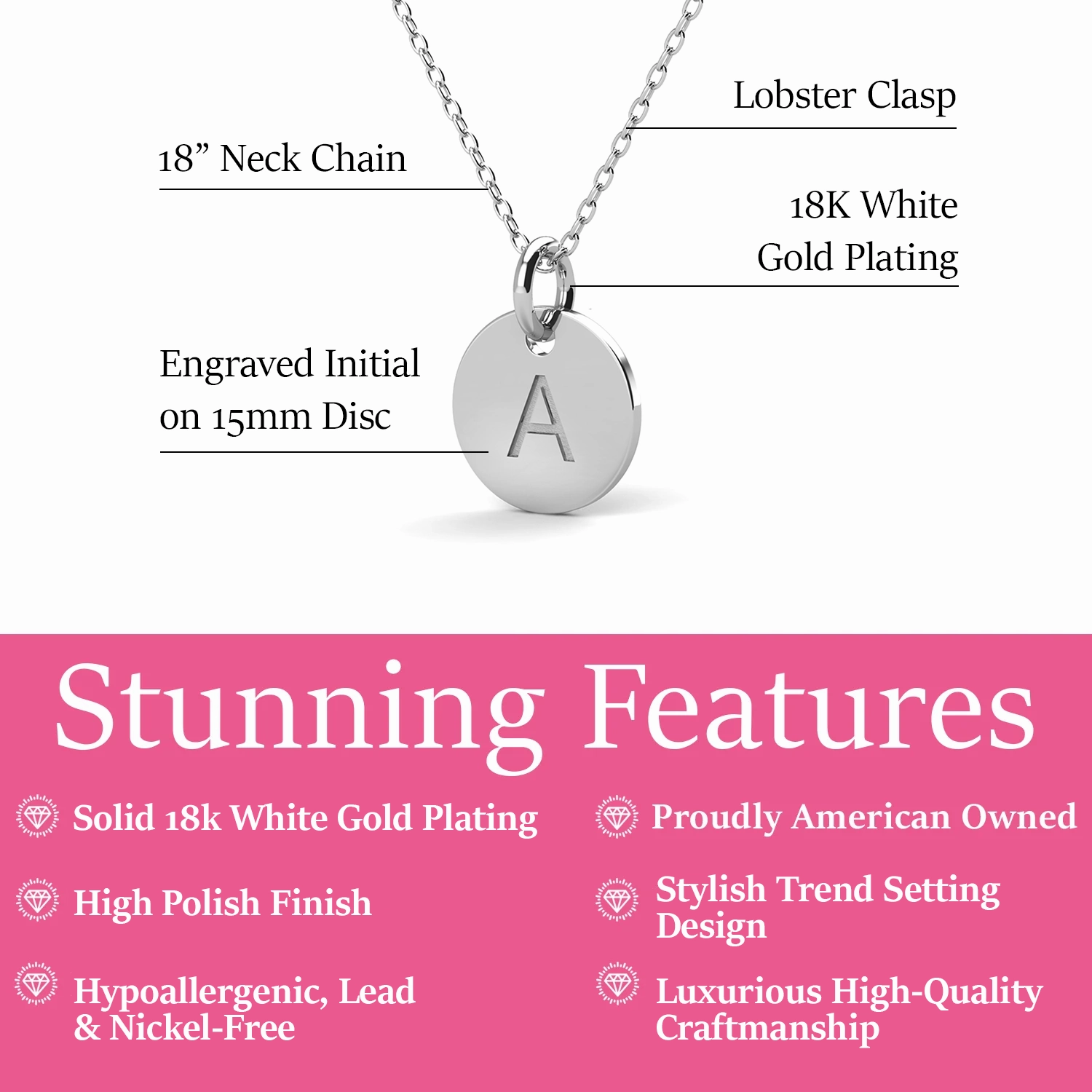 Summer Collection 18k White Gold Plated Engraved Initial Letter Pendant Necklace