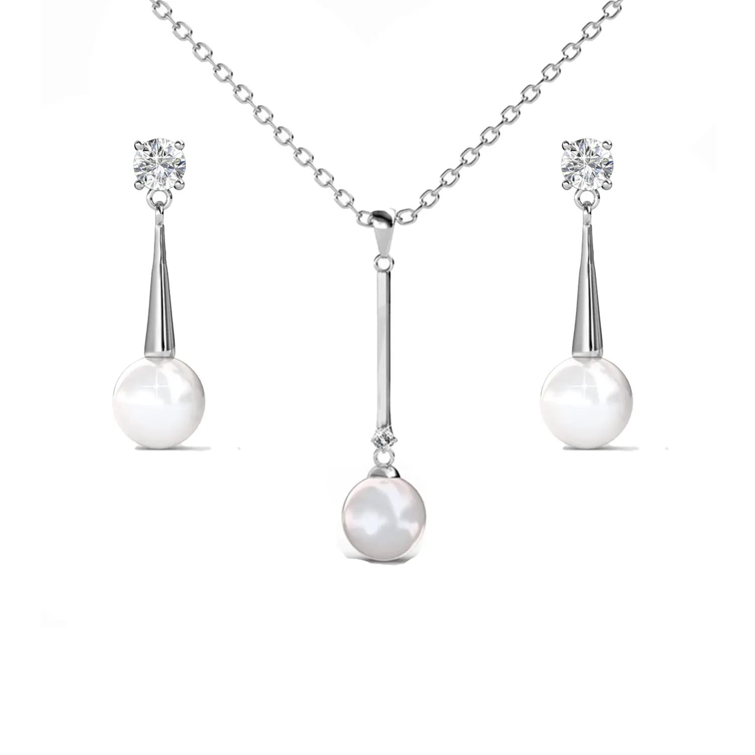 Tatum 18k White Gold Plated Pearl Necklace and Dangle Earrings Jewelry Set with Swarovski Crystals