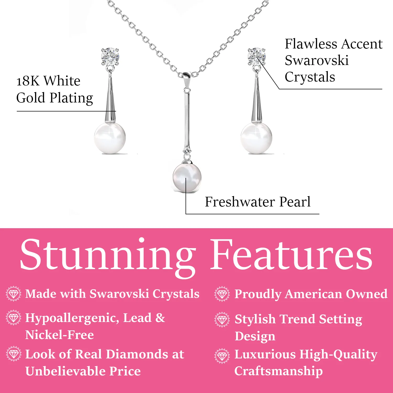 Tatum 18k White Gold Plated Pearl Necklace and Dangle Earrings Jewelry Set with Swarovski Crystals