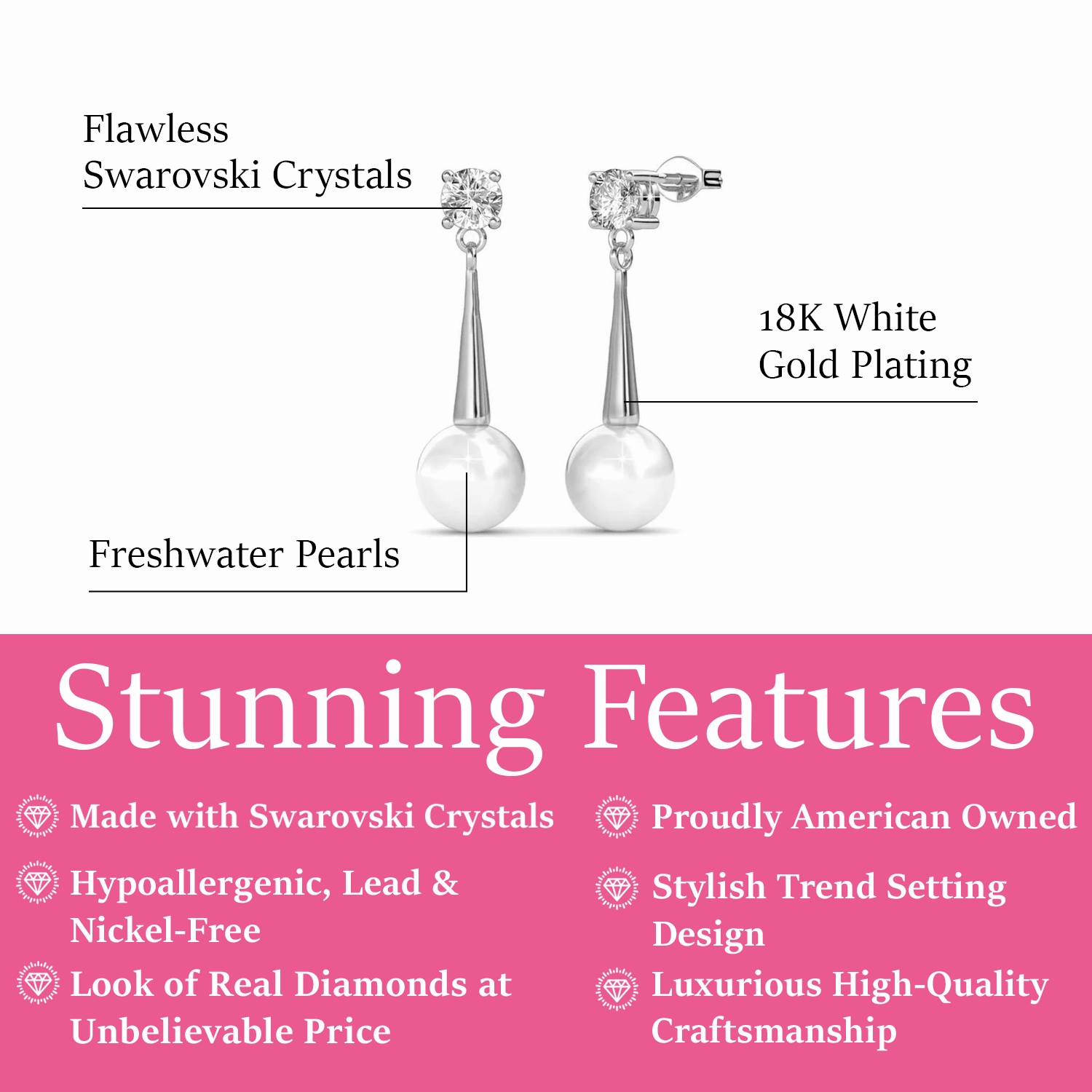 Tatum 18k White Gold Plated Pearl Dangling Stud Earrings with Swarovski Crystal