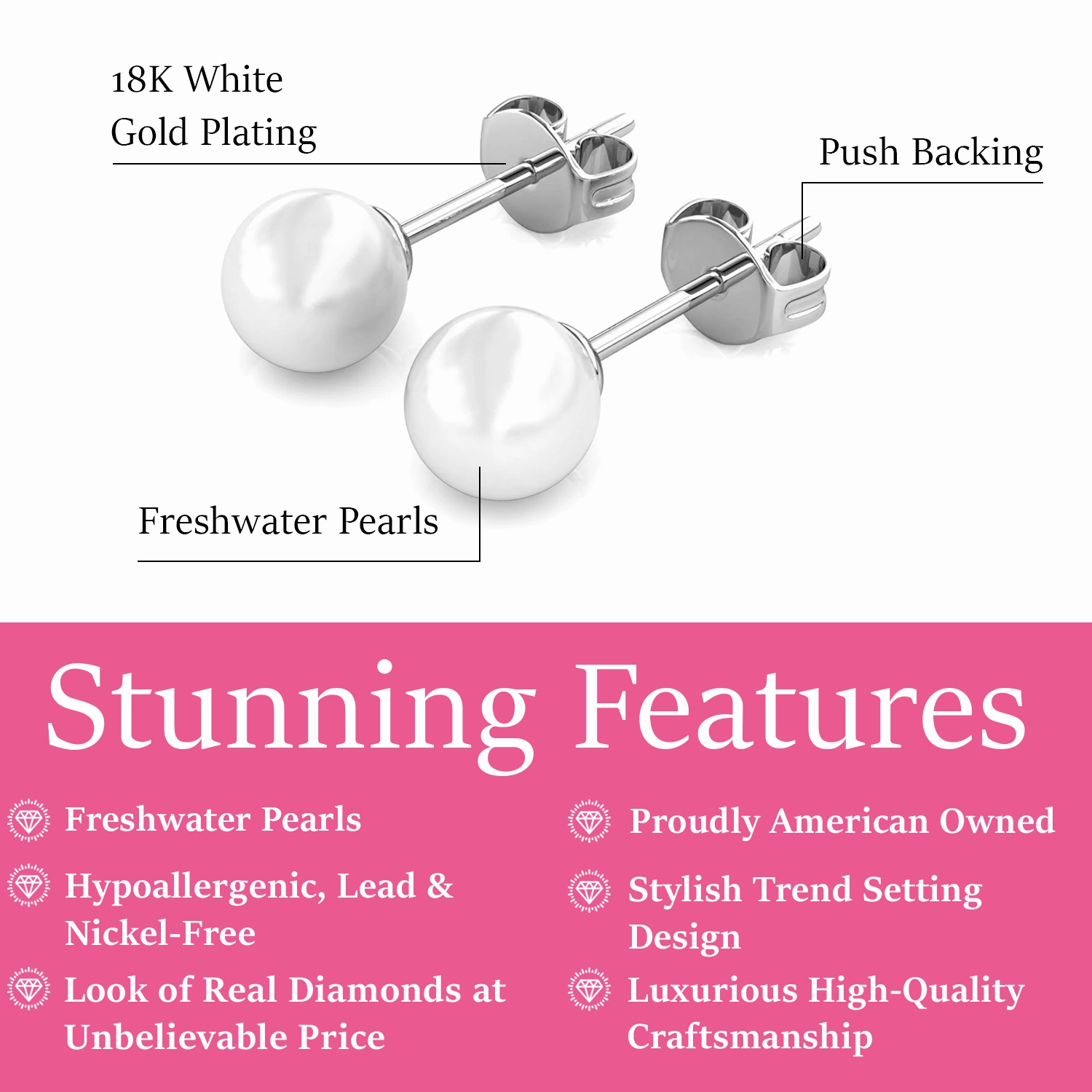 Vivienne 18k White Gold Plated Stud Earrings with Shell Pearls