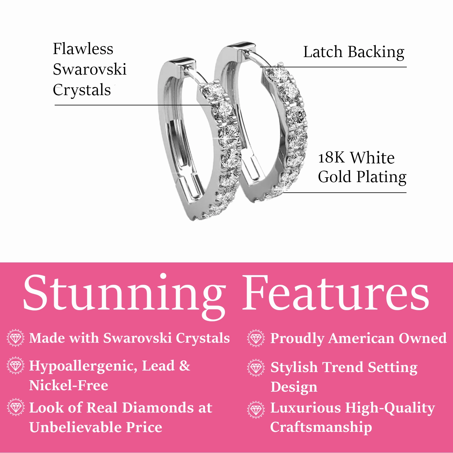 Waverly 18k White Gold Plated 16mm Hoop Earrings with Swarovski Crystals