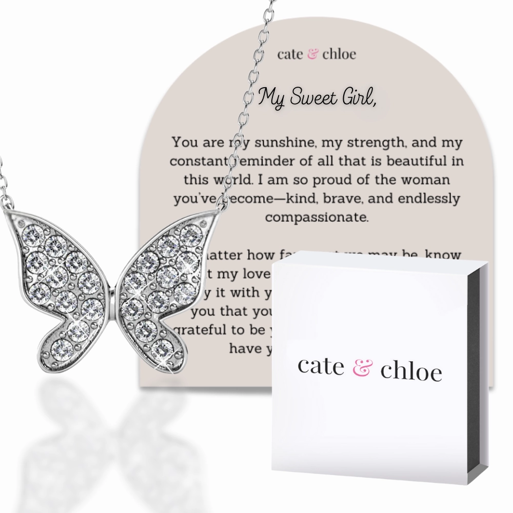 Yuenen 18k White Gold Plated Butterfly Necklace with Swarovski Crystals & Sentimental Message for Daughter