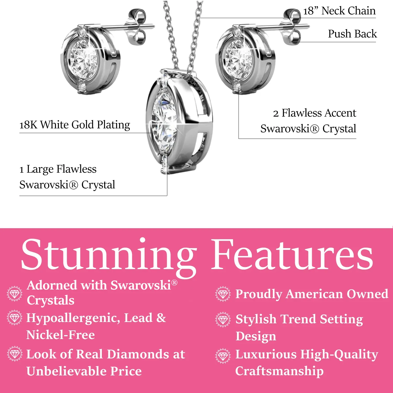 Zara 18k White Gold Plated Stud Earrings and Necklace Set with Swarovski Crystals