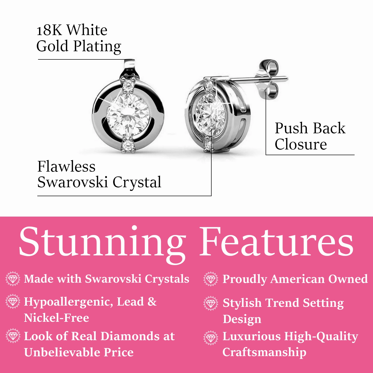 Zara 18k White Gold Plated Stud Earrings with Round Cut Swarovski Crystals
